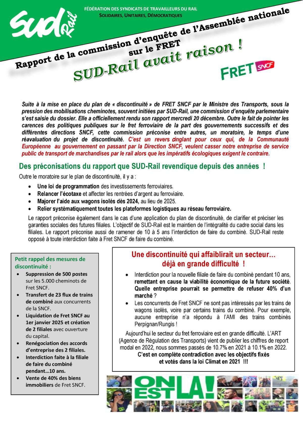 Rapport de la commission d’enquête de l’assemblée nationale sur le FRET : SUD-Rail avait raison !