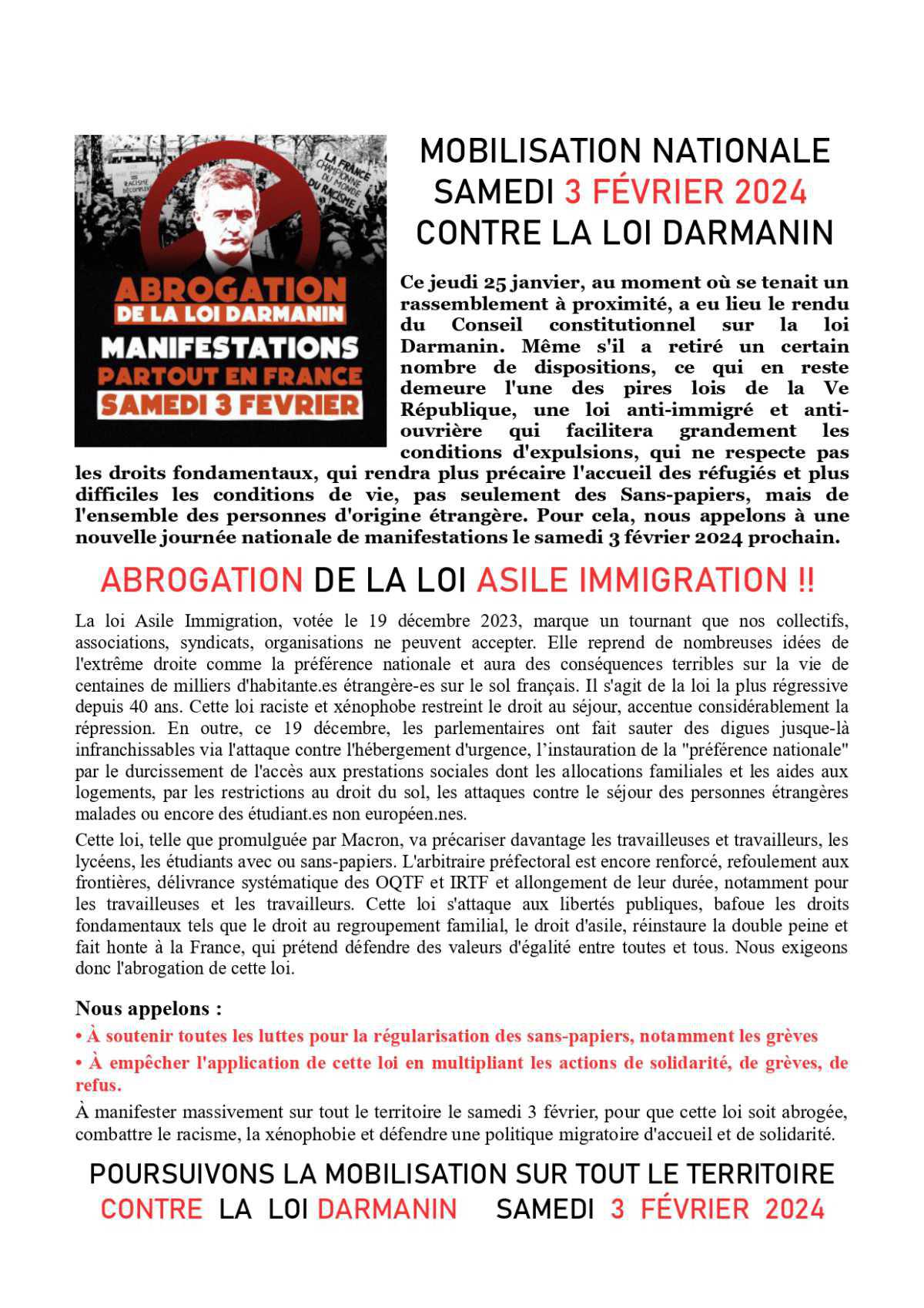 Mobilisation nationale le samedi 3 février 2024 contre la loi Darmanin / Asile -Immigration