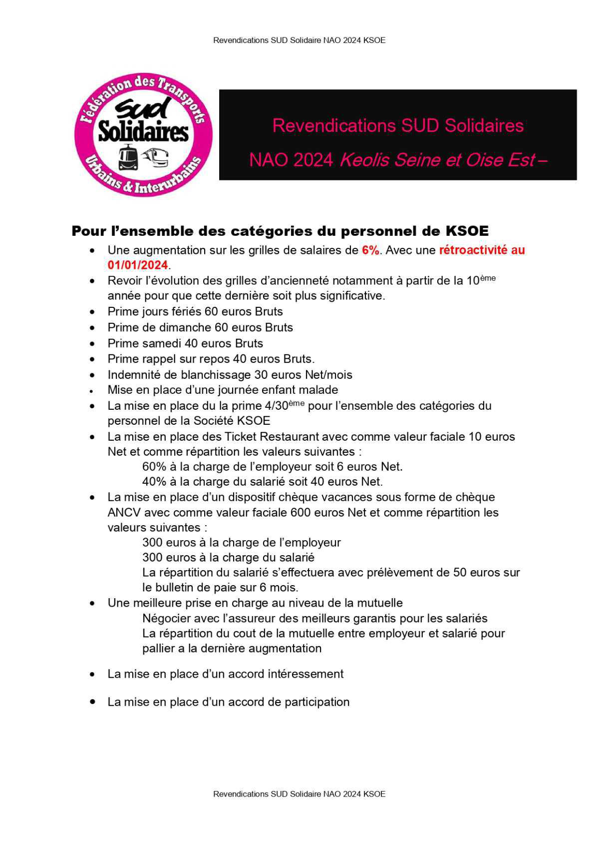 SUD URBAINS / Revendications NAO 2024 KEOLIS Seine-et-Oise-Est