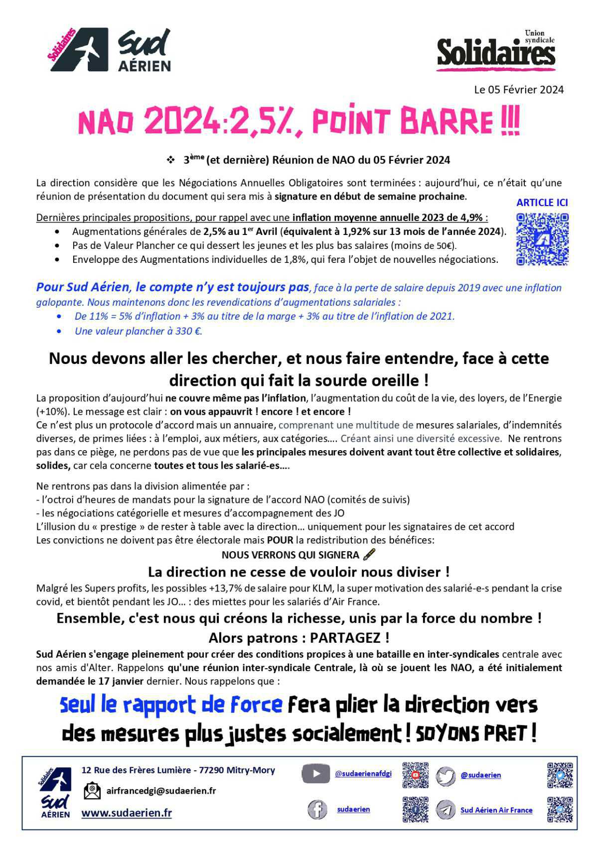 SUD Aérien // Tract NAO 2024 : 2,5%, POINT BARRE !!!