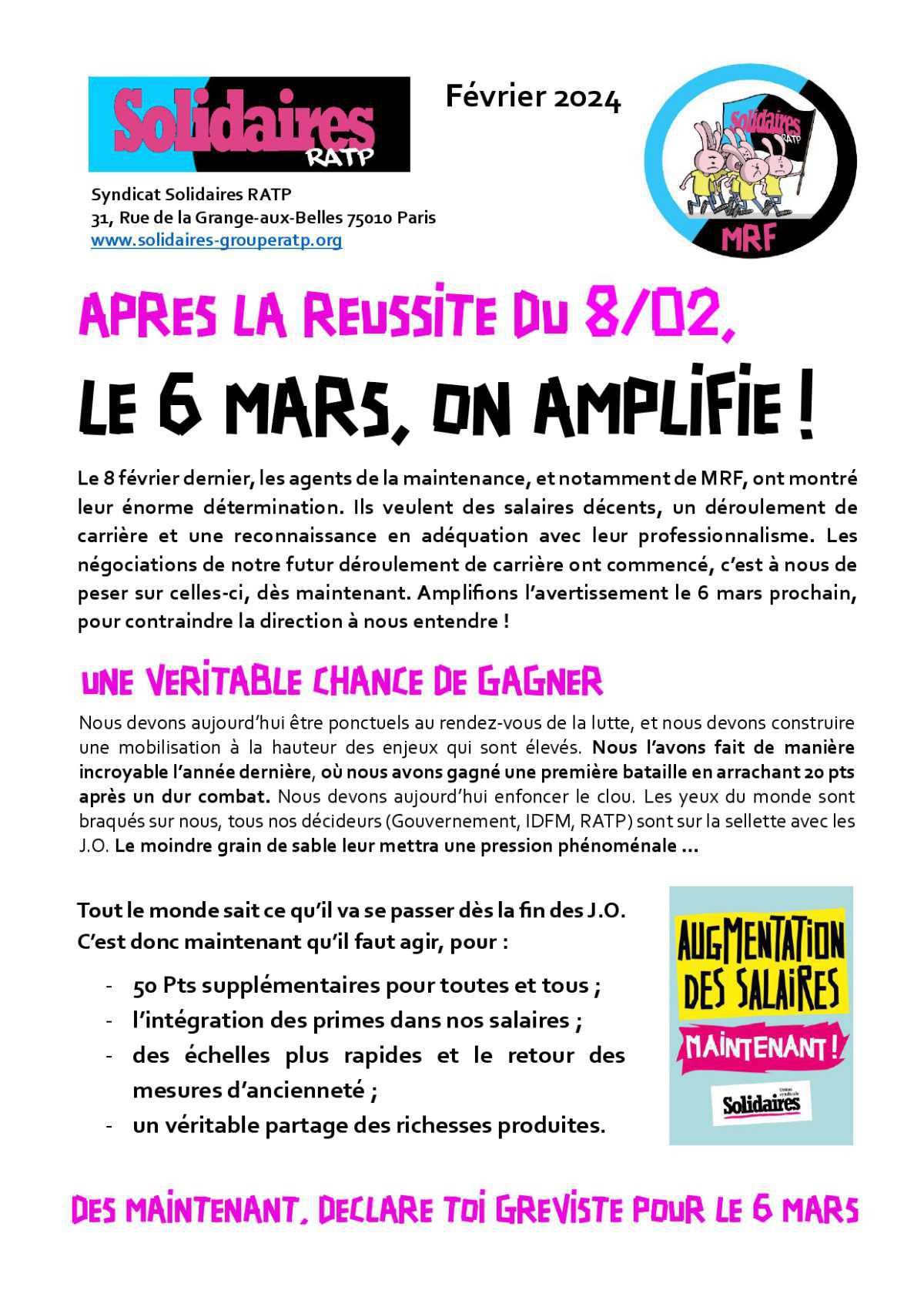 Solidaires RATP // Après la réussite du 8 février, le 6 mars, on amplifie !