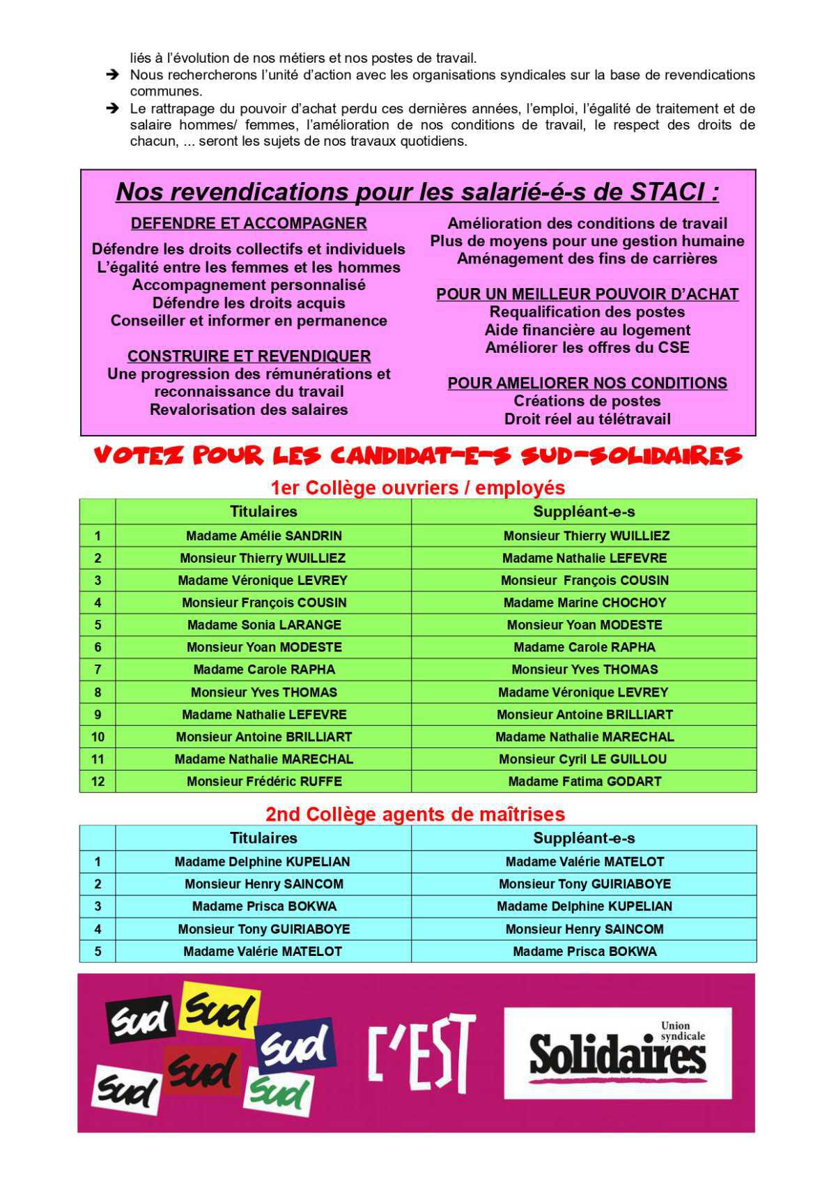 Elections CSE à STACI : Votez pour les candidat-e-s de l'Union SUD Transports !