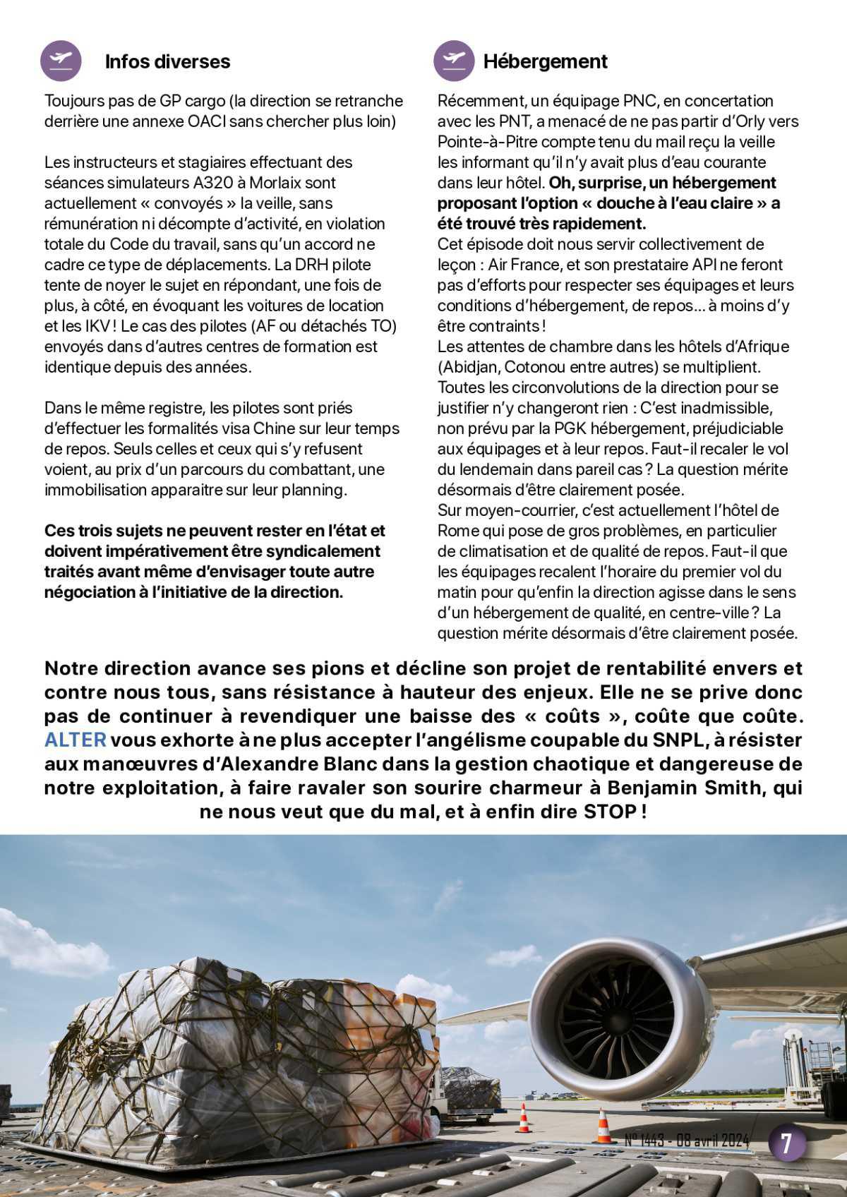 ALTER // Bulletin Syndical du Personnel Naviguant # 1443 du 8 avril 2024