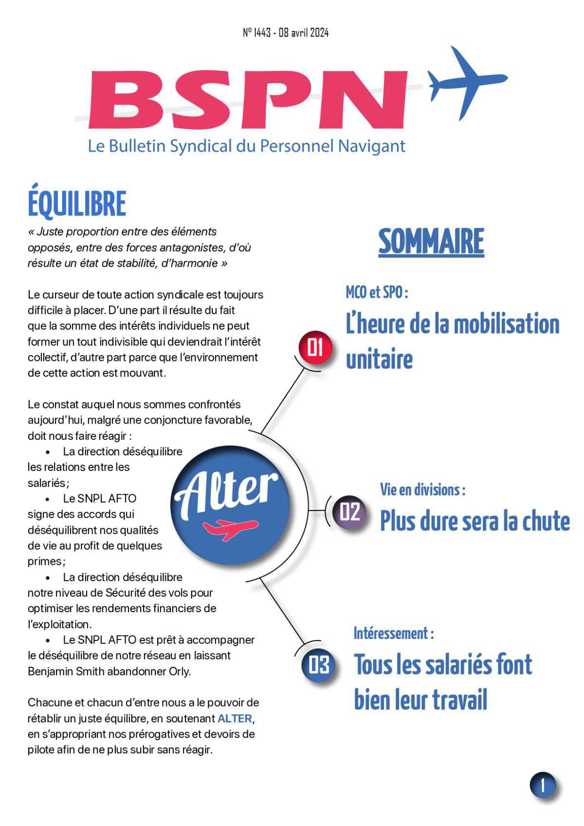 ALTER // Bulletin Syndical du Personnel Naviguant # 1443 du 8 avril 2024