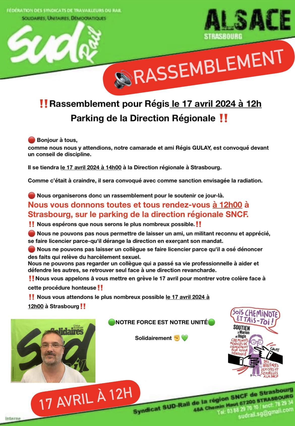 SUD-Rail Strasbourg // 17 avril 12h00 Rassemblement de soutien à Régis