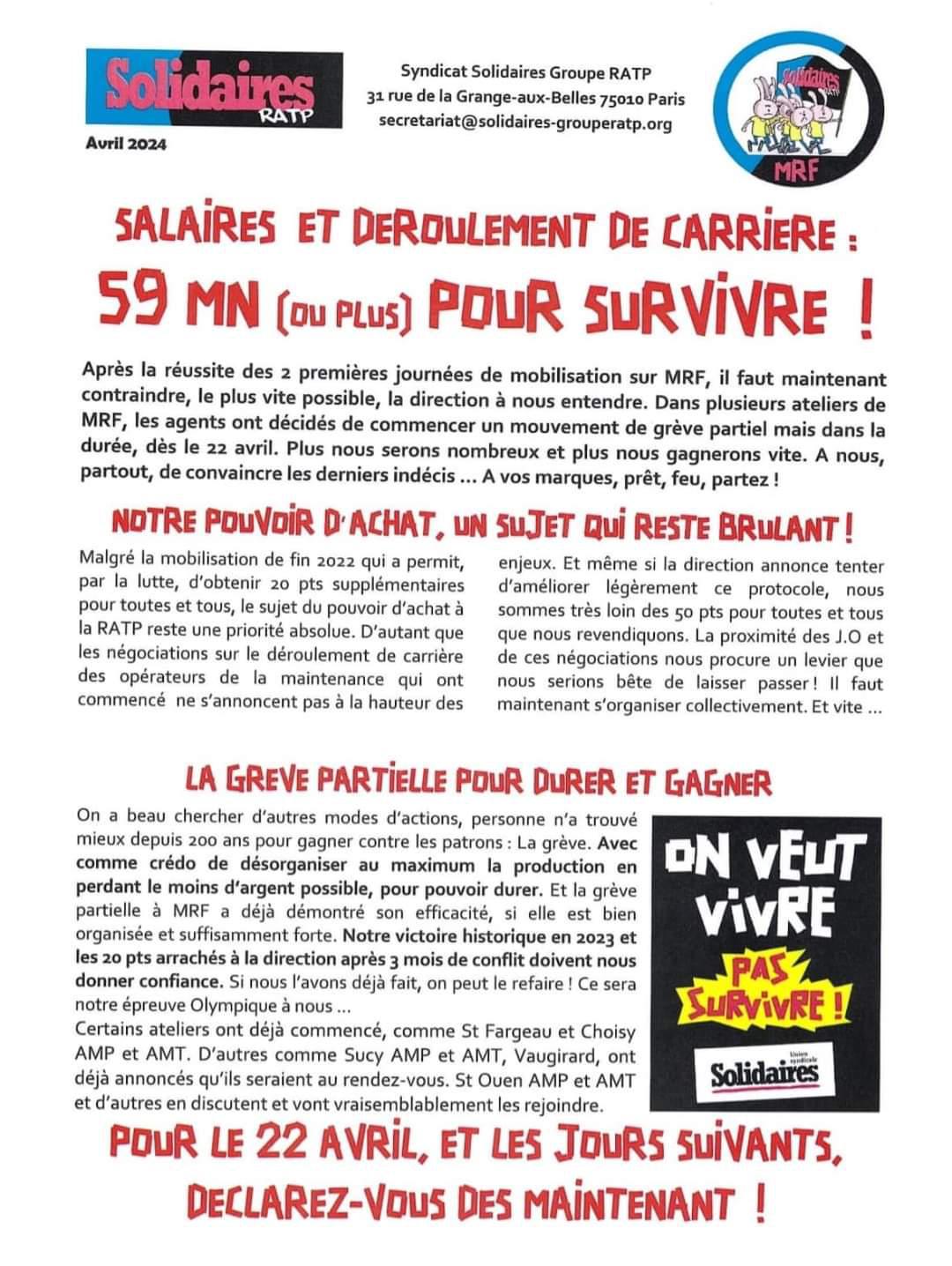 Solidaires RATP // Salaires et déroulement de carrière, 59 mn pour survivre !