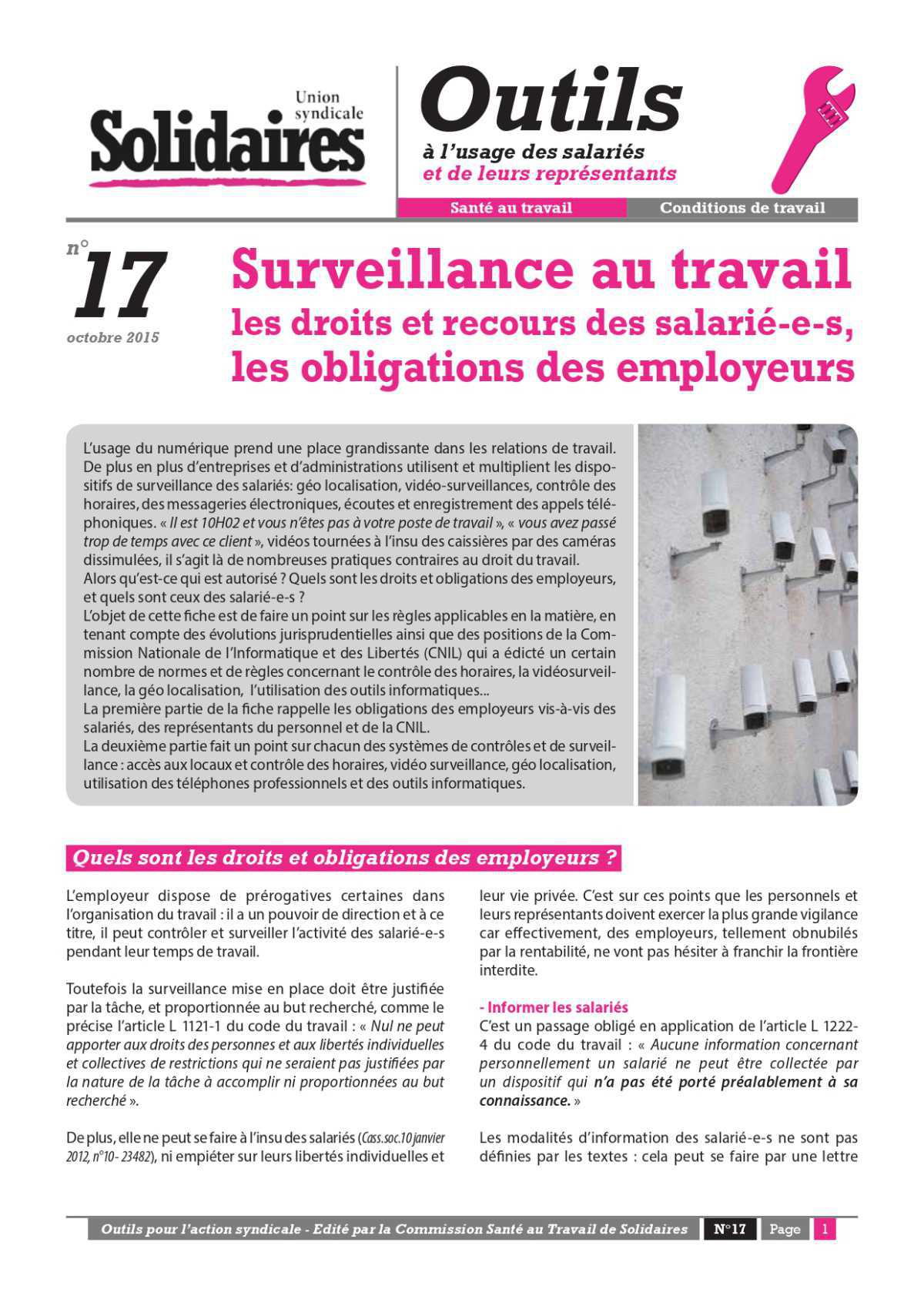 Brochure Surveillance au travail : les droits des salariés, les obligations des employeurs