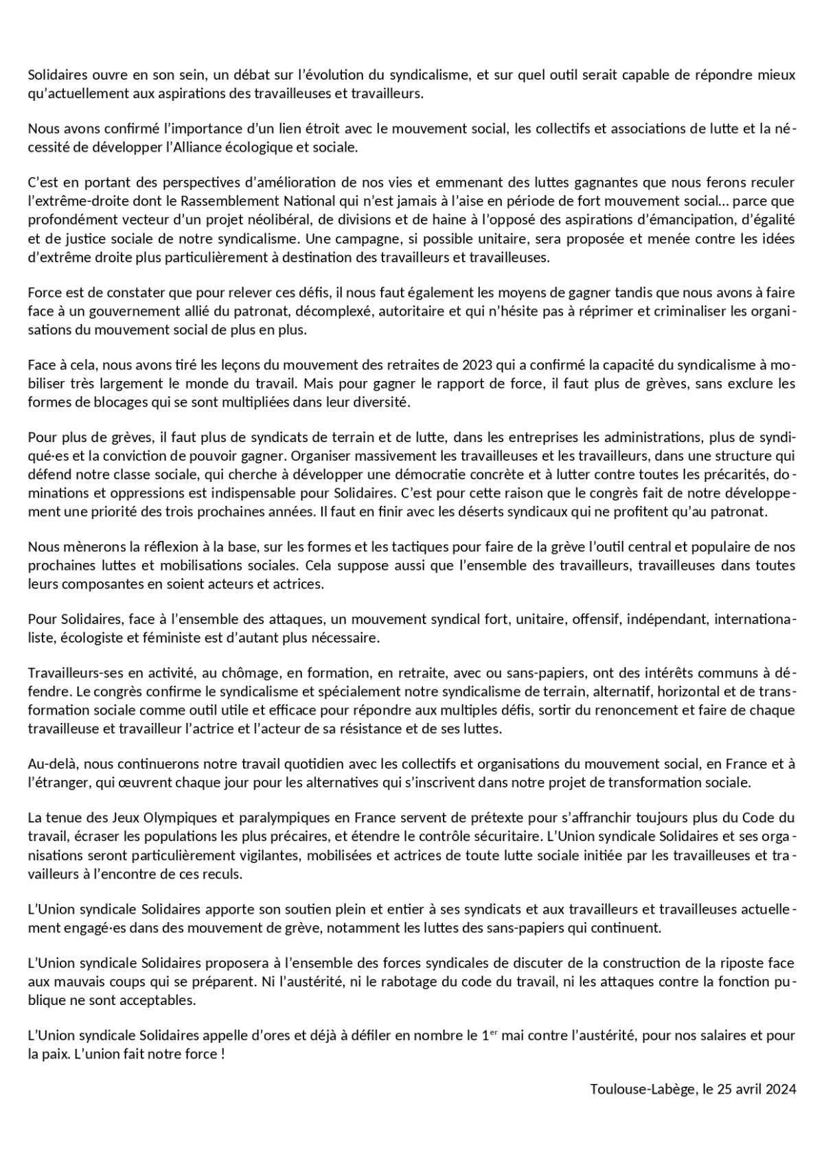Déclaration finale de l'Union Syndicale Solidaires en congrès le 25 avril 2024