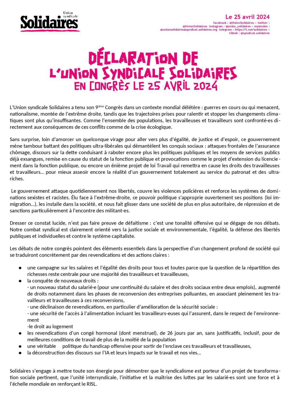 Déclaration finale de l'Union Syndicale Solidaires en congrès le 25 avril 2024