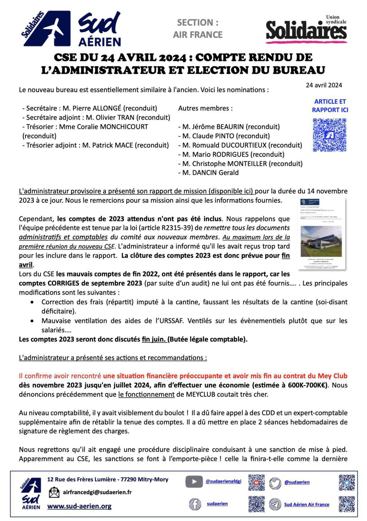 SUD Aérien section Air France // Compte-rendu du CSE du 24 avril 2024