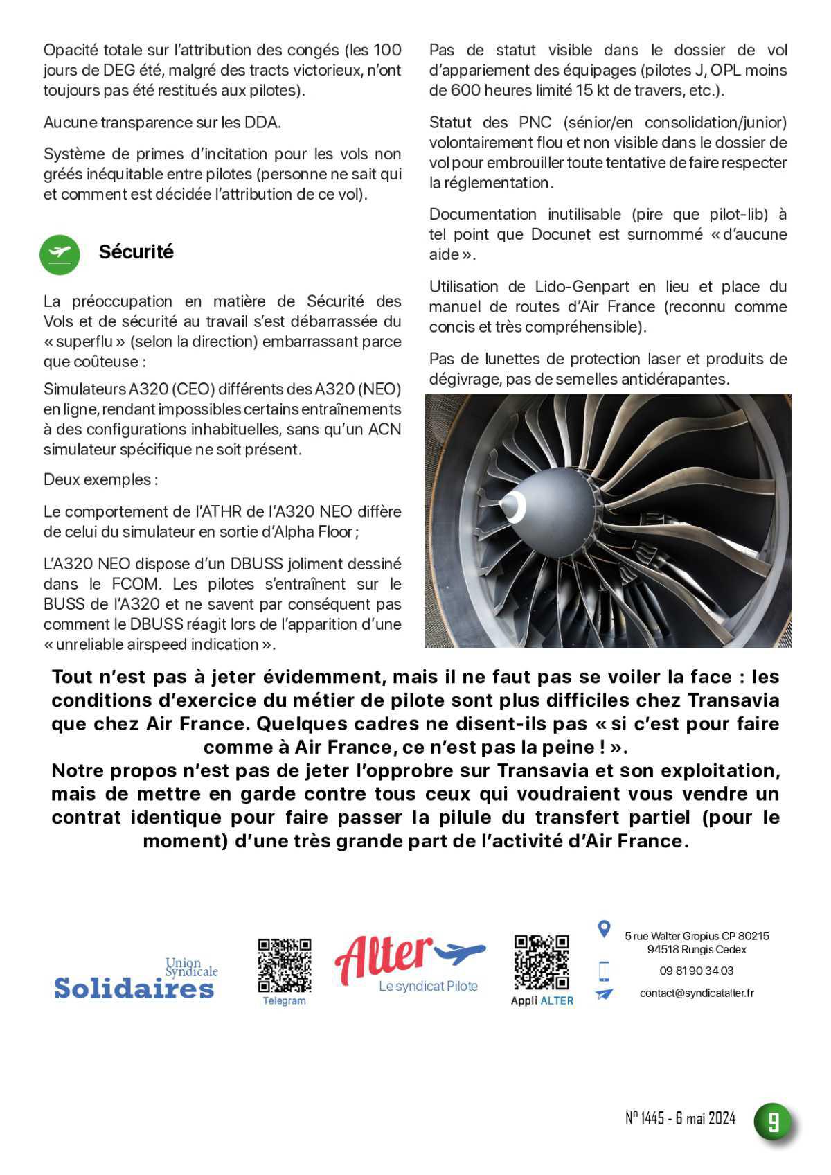 ALTER // Bulletin Syndical du Personnel Naviguant # 1445 du 6 mai 2024