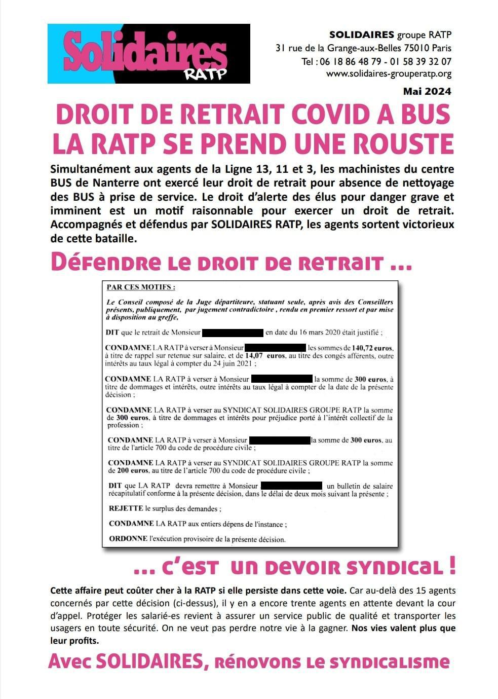 Solidaires RATP // Droit de retrait Covid à Bus : la RATP se prend une rouste