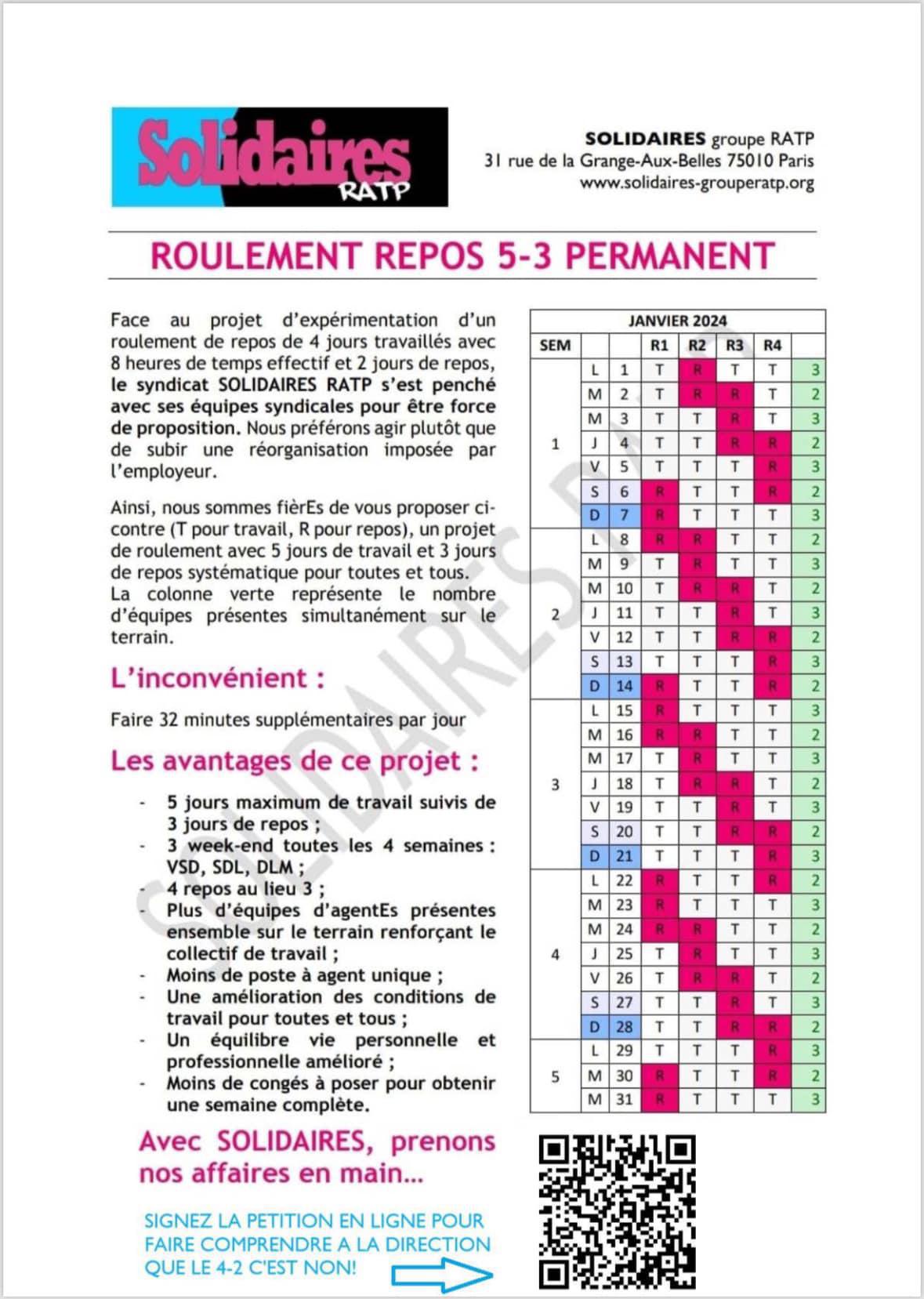 Solidaires RATP // Pétition pour un roulement de repos 5-3 permanent