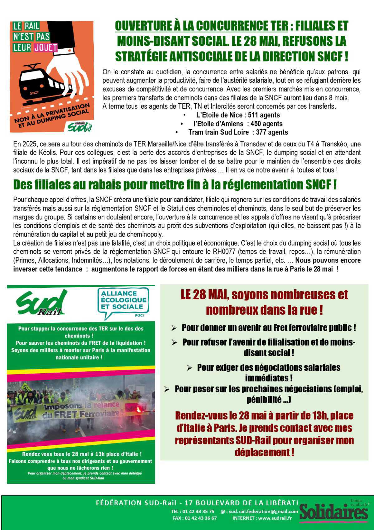 SUD-Rail // Manifestons à Paris le 28 mai contre la casse du fret et la concurrence TER !