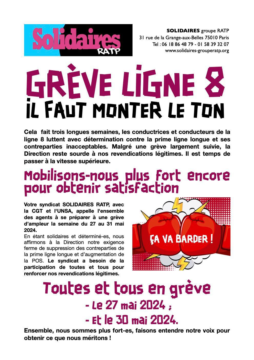 Solidaires RATP // Grève ligne 8, il faut monter le ton !