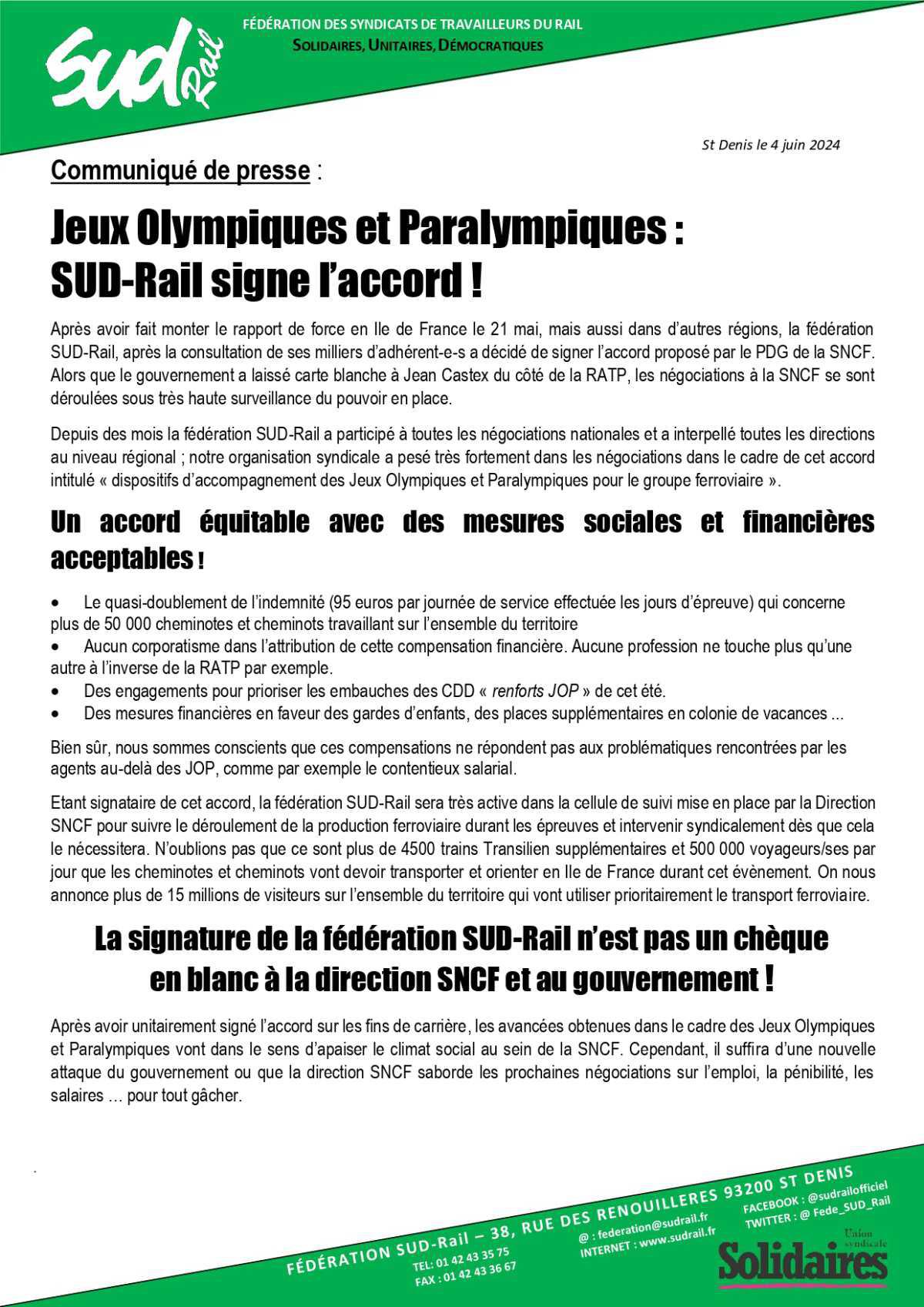 SUD-Rail // Jeux Olympiques et Paralympiques : SUD-Rail signe l'accord !