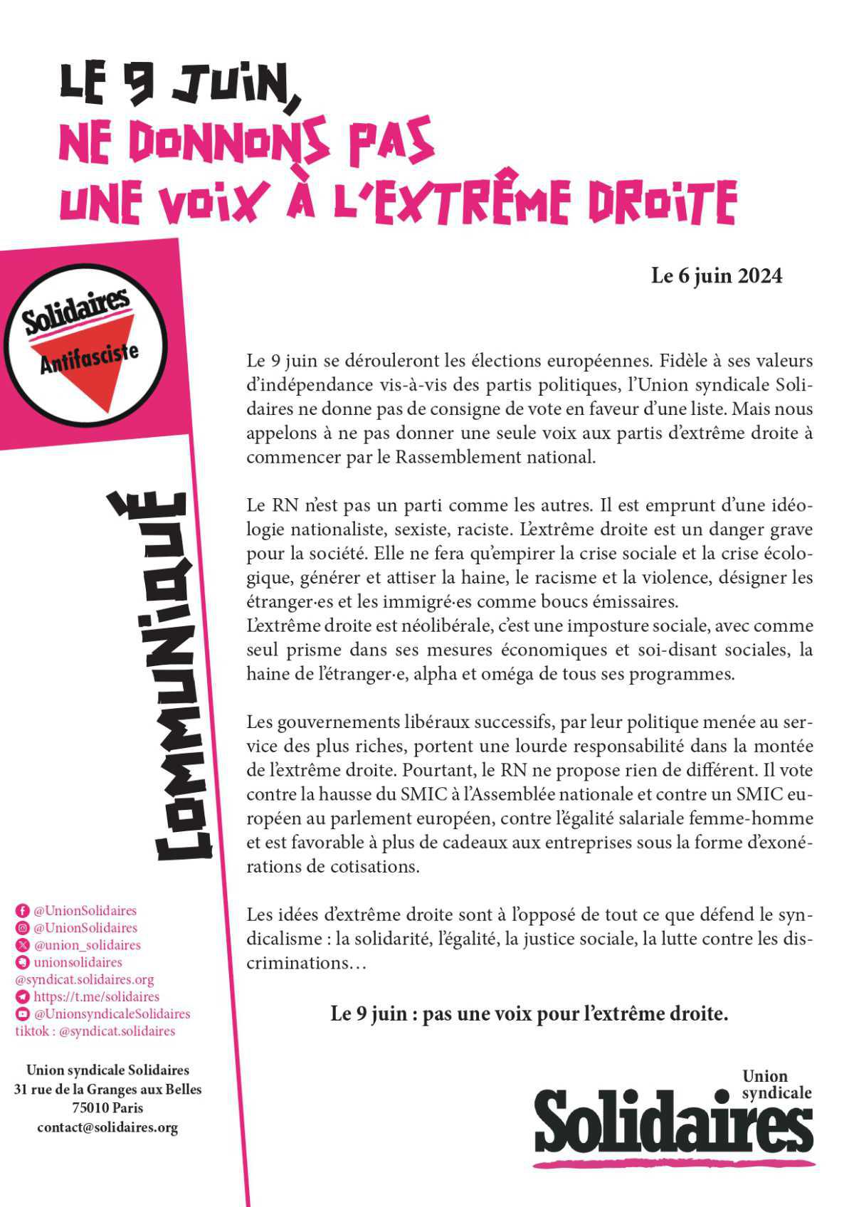 Solidaires // Le 9 juin, ne donnons pas une voix à l'extrême-droite