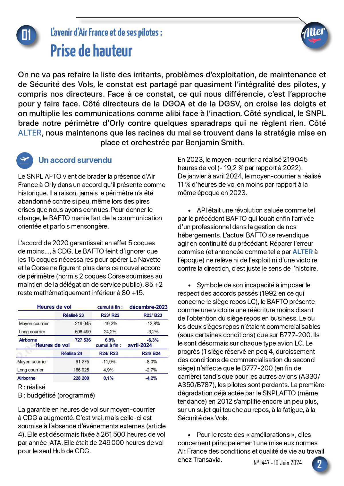 ALTER // Bulletin Syndical du Personnel Naviguant # 1447 du 10 juin 2024