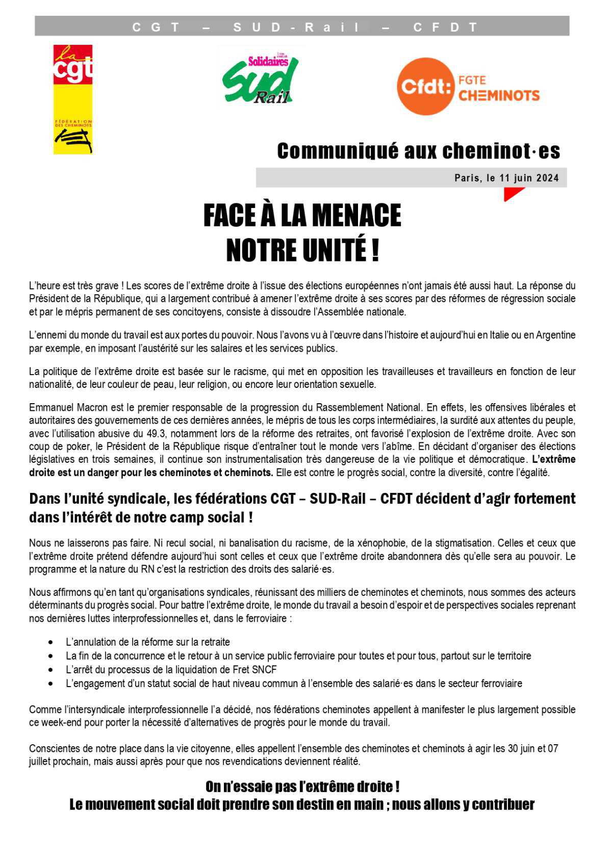 Communiqué des syndicats cheminots // Face à la menace, notre unité !