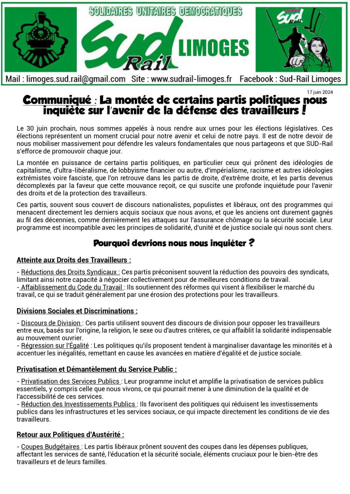 SUD-Rail Limoges // Restons unis, solidaires et déterminés à défendre nos valeurs