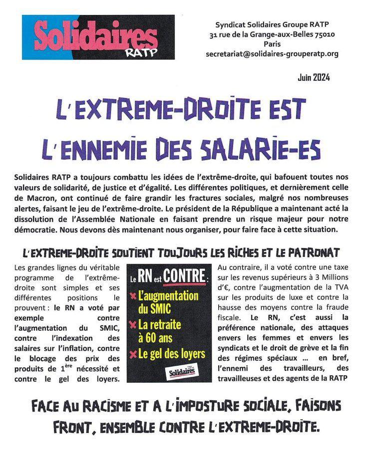 Solidaires RATP // Non au racisme et à l'imposture sociale, l'extrême-droite est l'ennemie des salariés