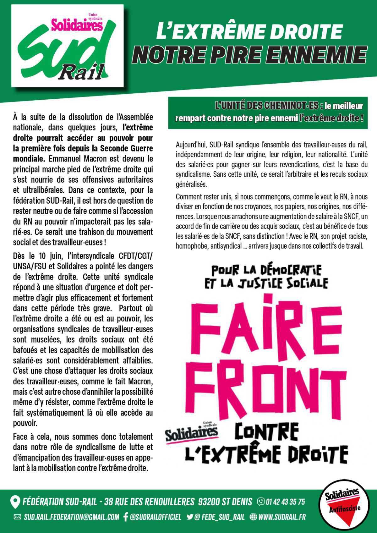 Tract SUD-Rail // L'extrême-droite : notre pire ennemie