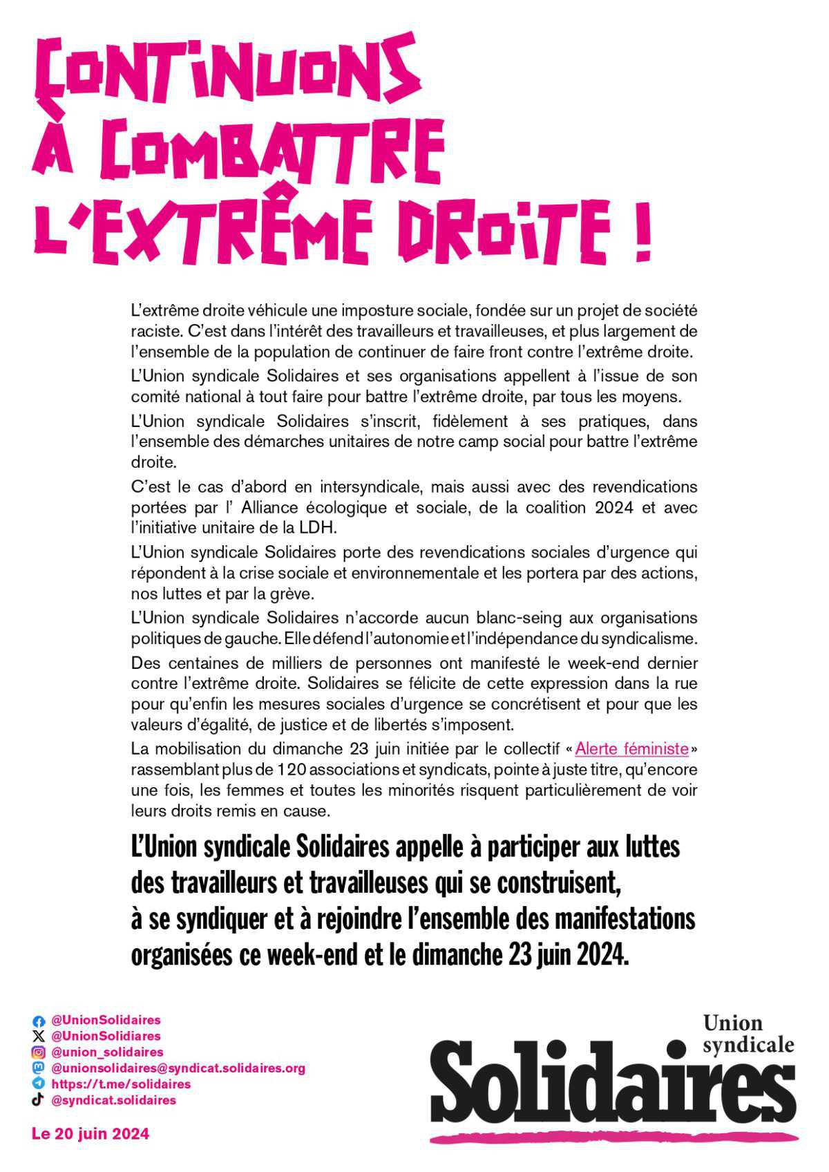 Solidaires // Continuons à combattre l'extrême-droite !