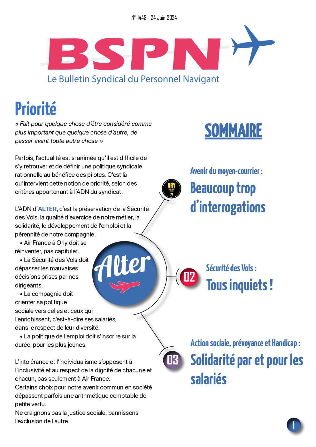 ALTER // Bulletin Syndical du Personnel Naviguant # 1448 du 24 juin 2024