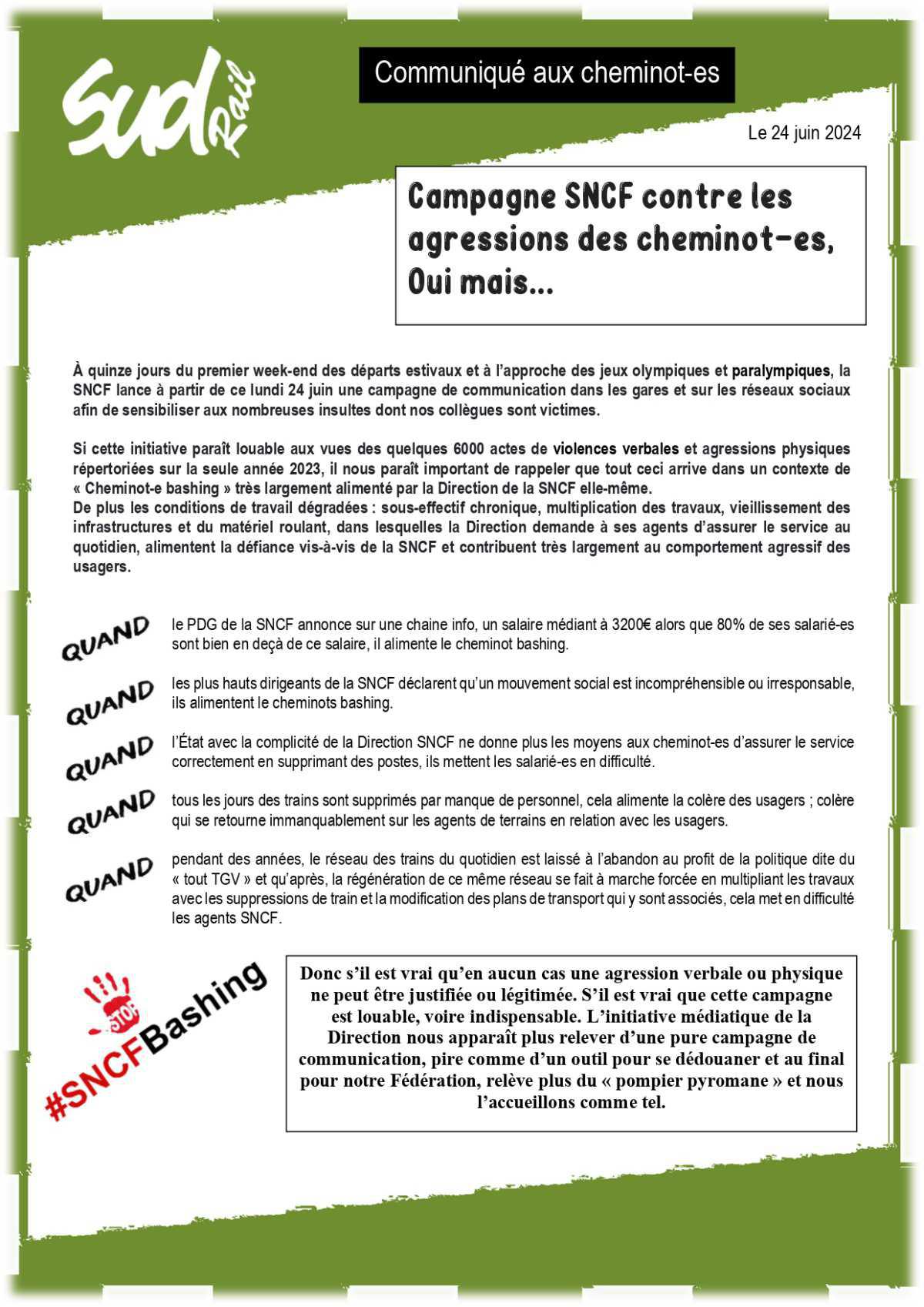 SUD-Rail // Campagne SNCF contre les agressions des cheminots, oui mais...