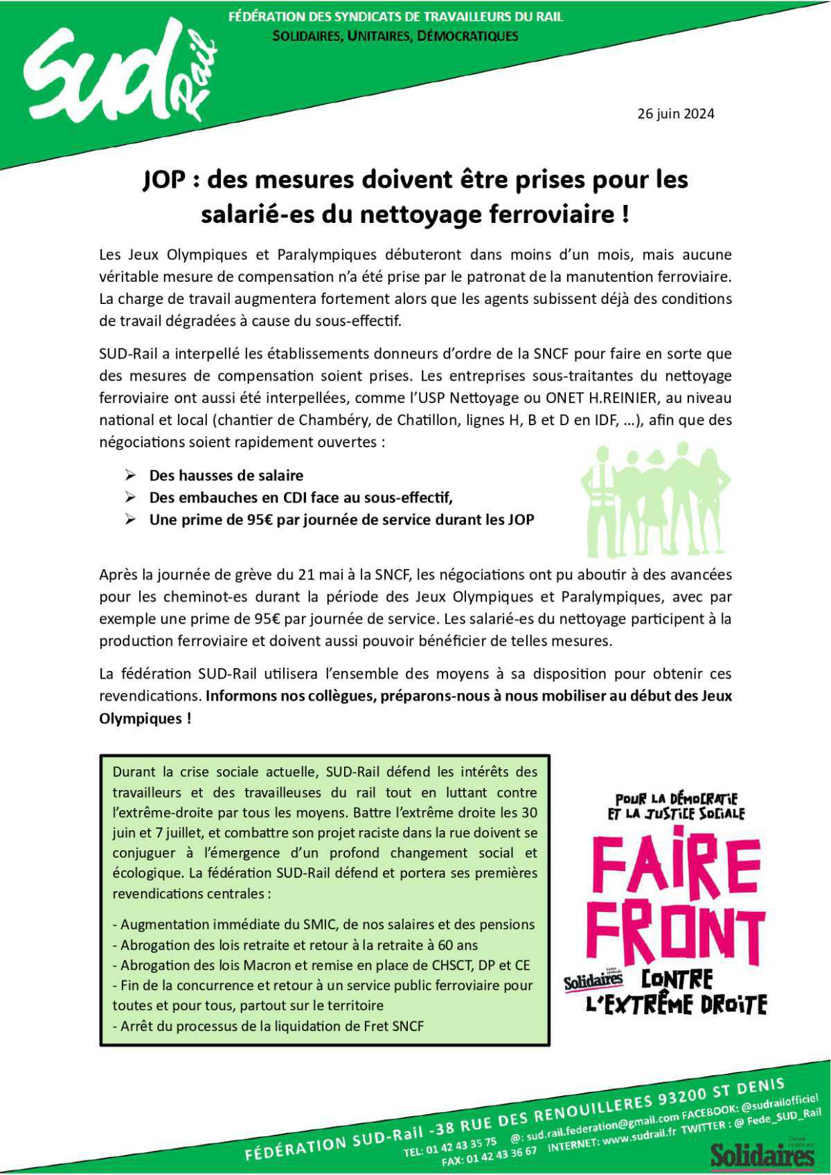 SUD-Rail Nettoyage ferroviaire // JOP : des mesures doivent être prises pour les salariés !