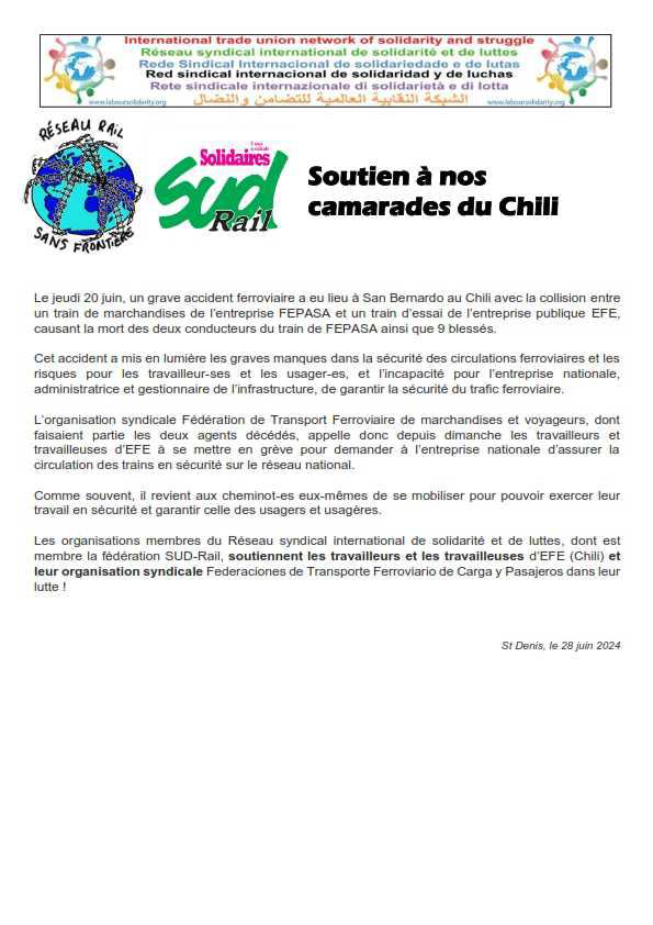 Réseau Rail Sans frontières - SUD-Rail // Soutien à nos camarades du Chili