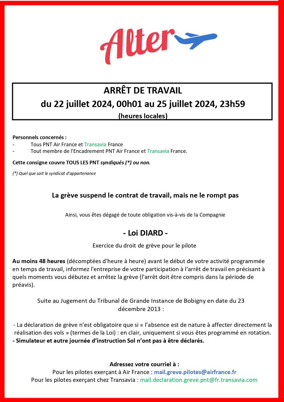 ALTER // Bulletin Syndical du Personnel Naviguant # 1449 du 8 juillet 2024