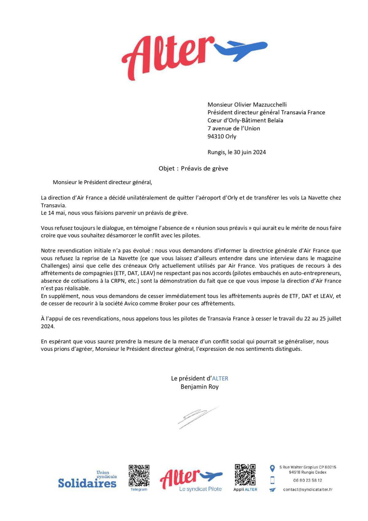 ALTER // Bulletin Syndical du Personnel Naviguant # 1449 du 8 juillet 2024