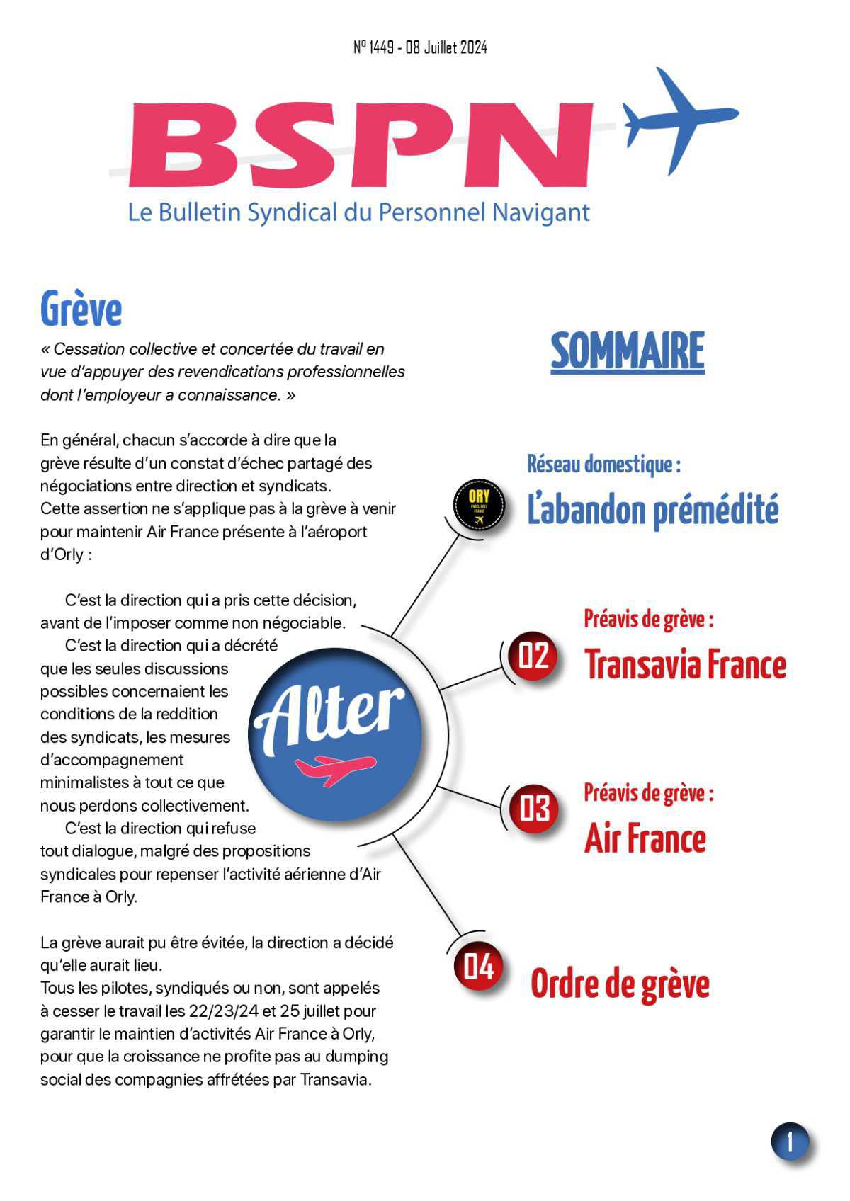 ALTER // Bulletin Syndical du Personnel Naviguant # 1449 du 8 juillet 2024