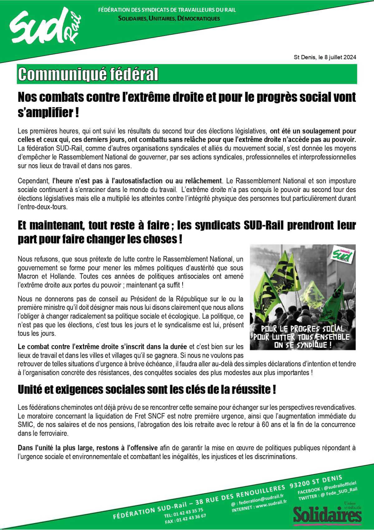 SUD-Rail // Nos combats contre l'extrême-droite et pour le progrès social vont s'amplifier !