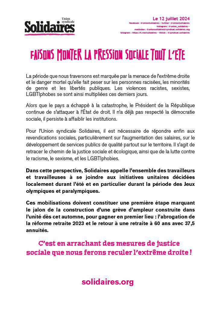 Union Syndicale Solidaires // Faisons monter la pression sociale tout l'été !