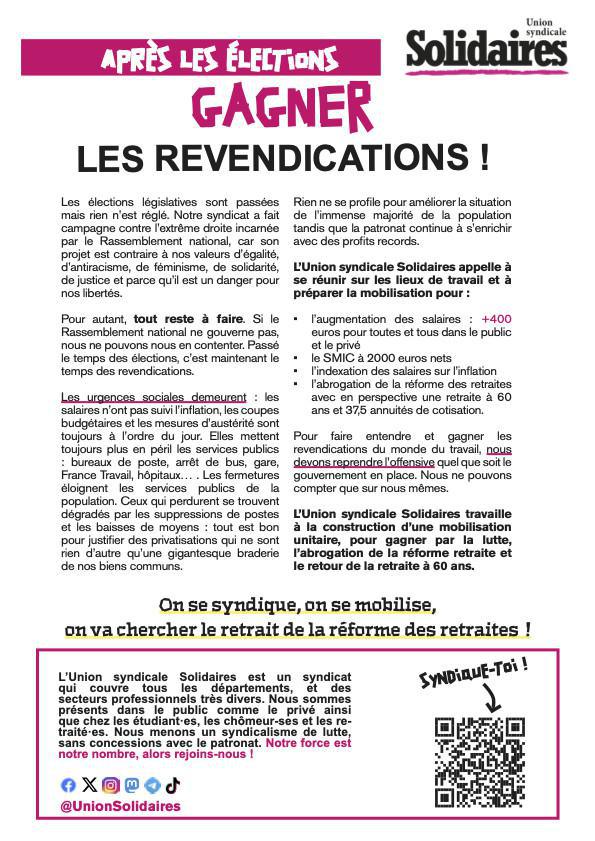 Union Syndicale Solidaires // Après les élections, gagner les revendications !