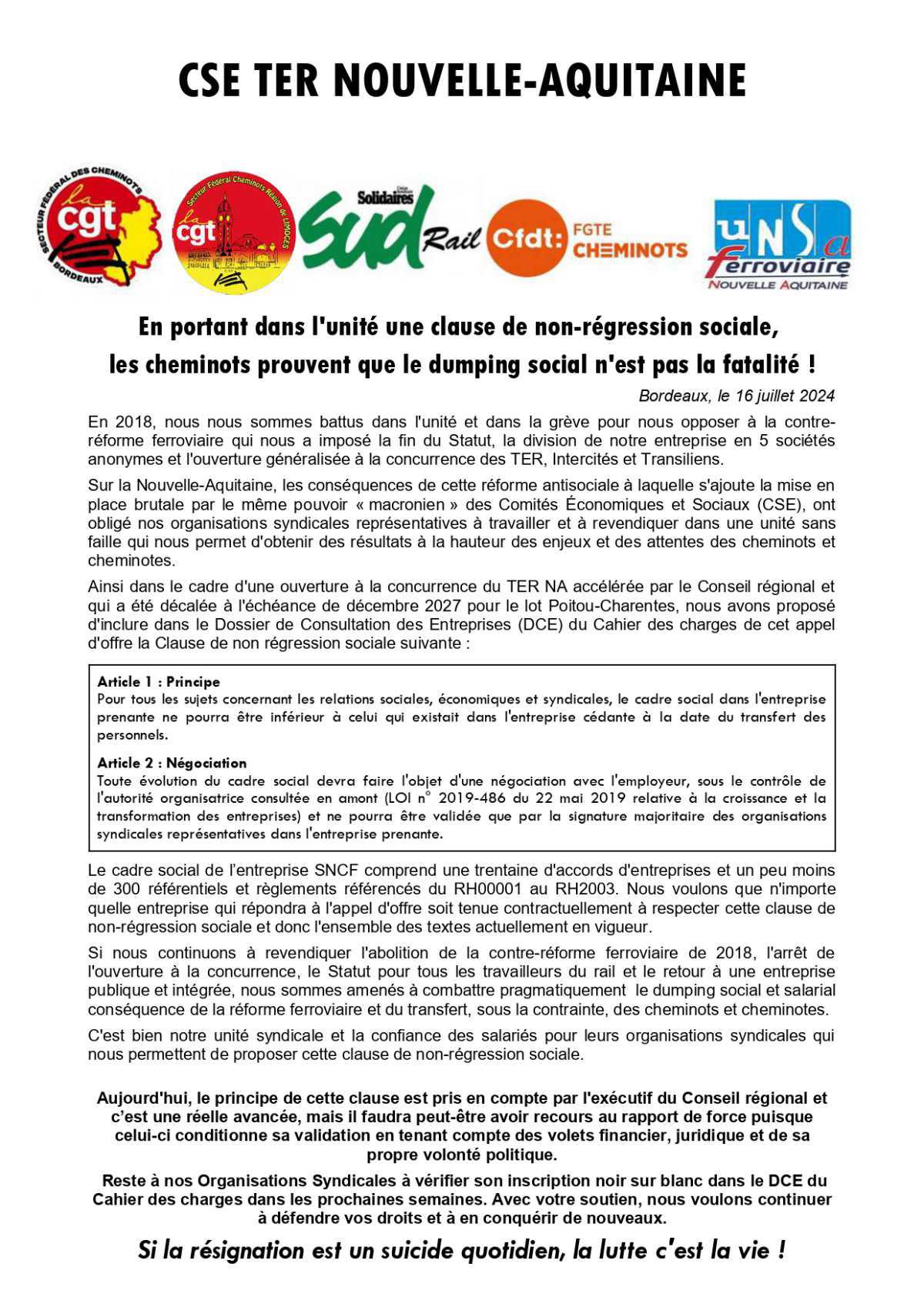 Tract unitaire TER Nouvelle-Aquitaine // Nous portons une clause de non régression sociale