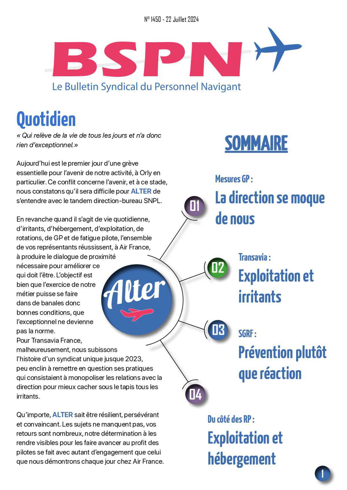 ALTER // Bulletin Syndical du Personnel Naviguant # 1450 du 22 juillet 2024