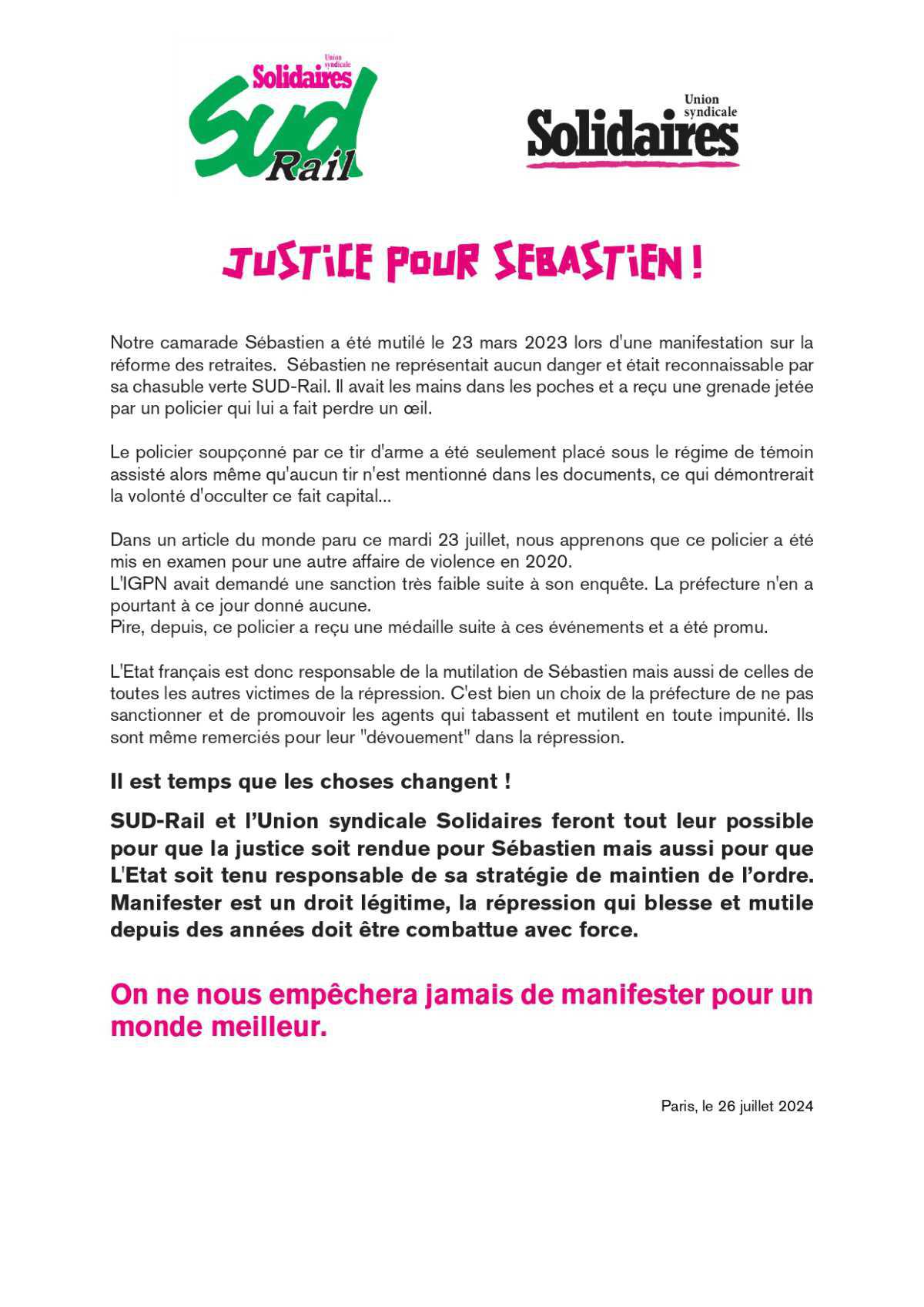 SUD-Rail & Union Syndicale Solidaires // Justice pour Sébastien !