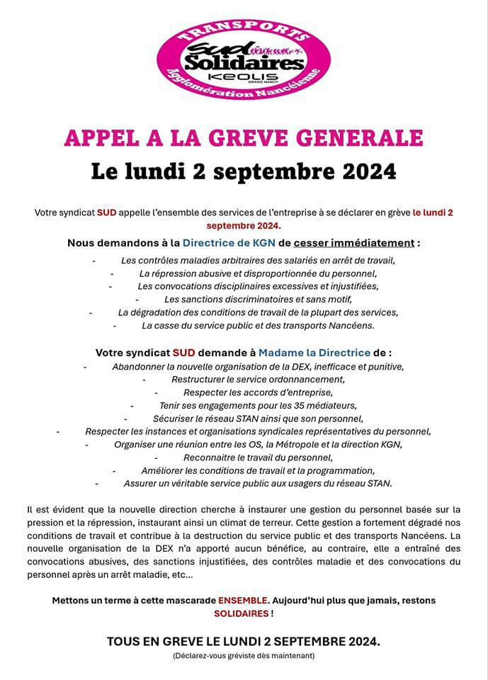 SUD KEOLIS Grand Nancy // Appel à la grève le lundi 2 septembre