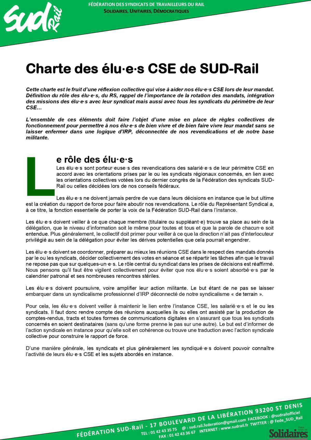 Charte des élu-e-s CSE de SUD-Rail