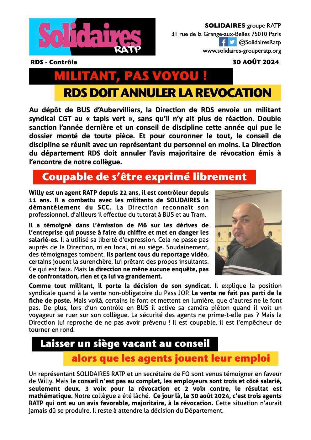 Solidaires RATP // Militant, pas voyou : RDS doit annuler la révocation de Willy !