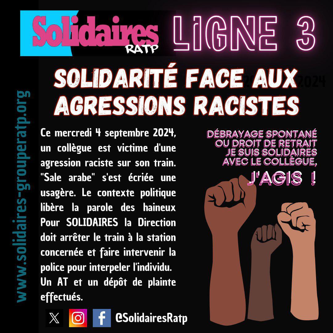 Solidaires RATP // Ligne 3, Solidarité face aux agressions racistes