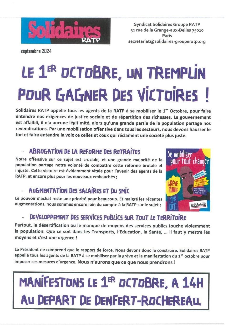 Solidaires RATP // Le 1er octobre, un tremplin pour gagner des victoires !