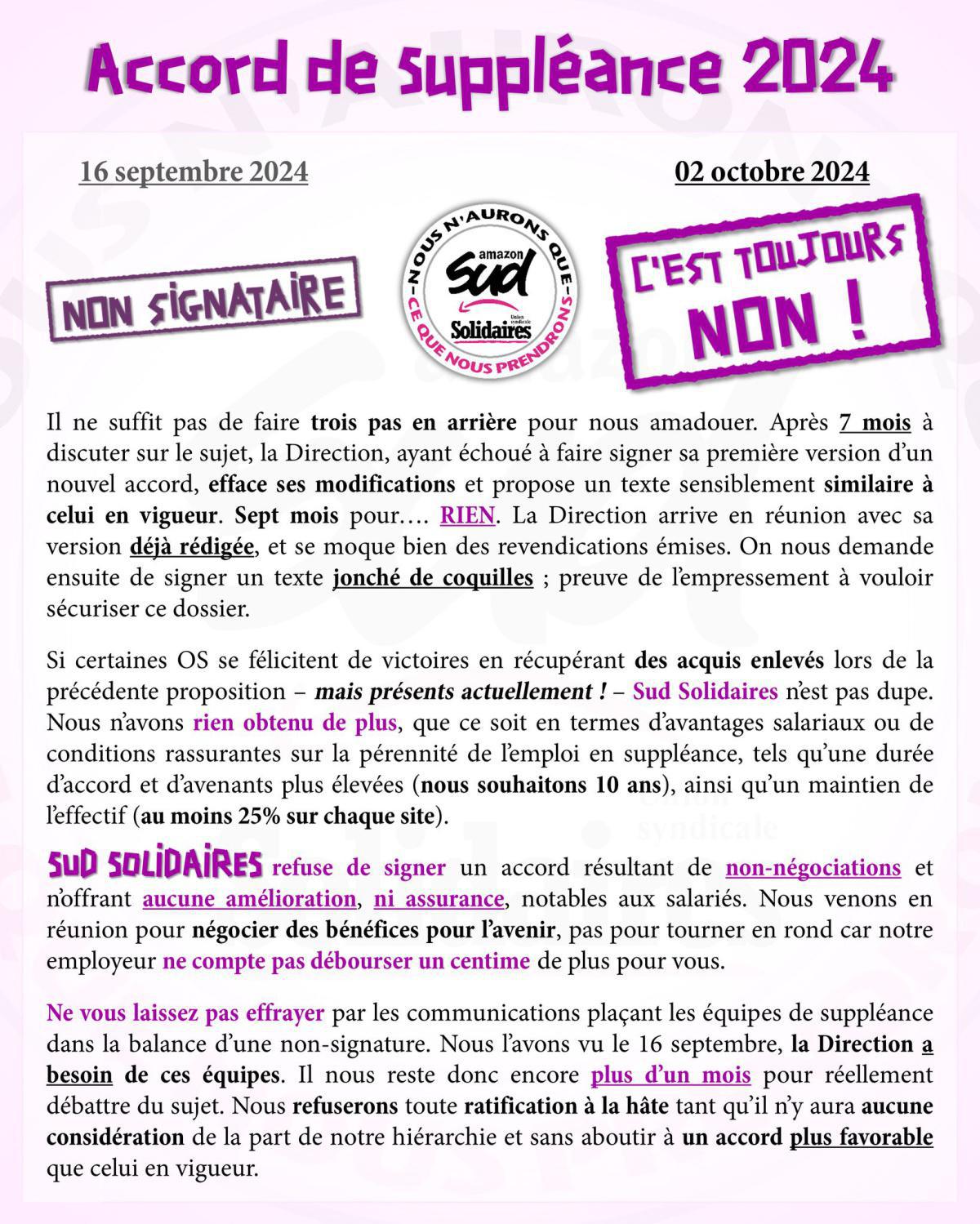 SUD AMAZON // Accord de suppléance, nous ne signerons pas !