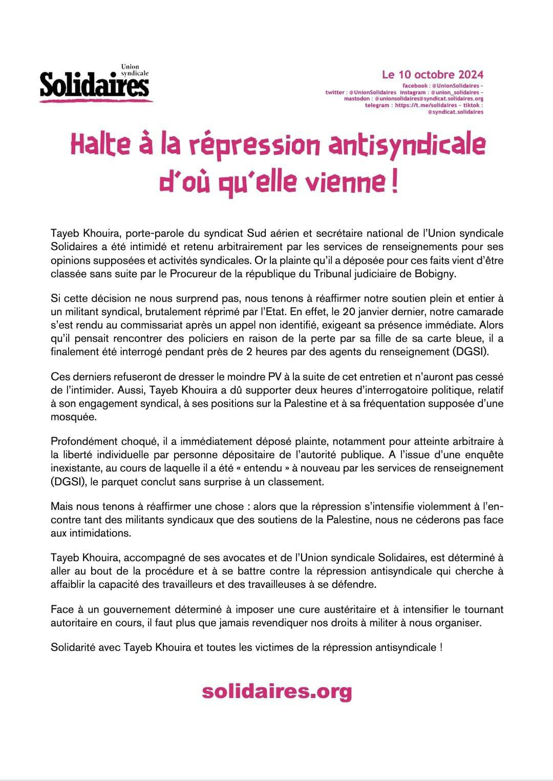 Solidaires - SUD Aérien // Halte à la répression antisyndicale !