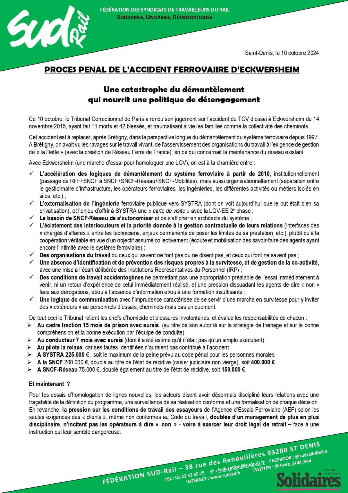 Communiqué de presse SUD-Rail // Procès pénal de l'accident d'Eckwersheim