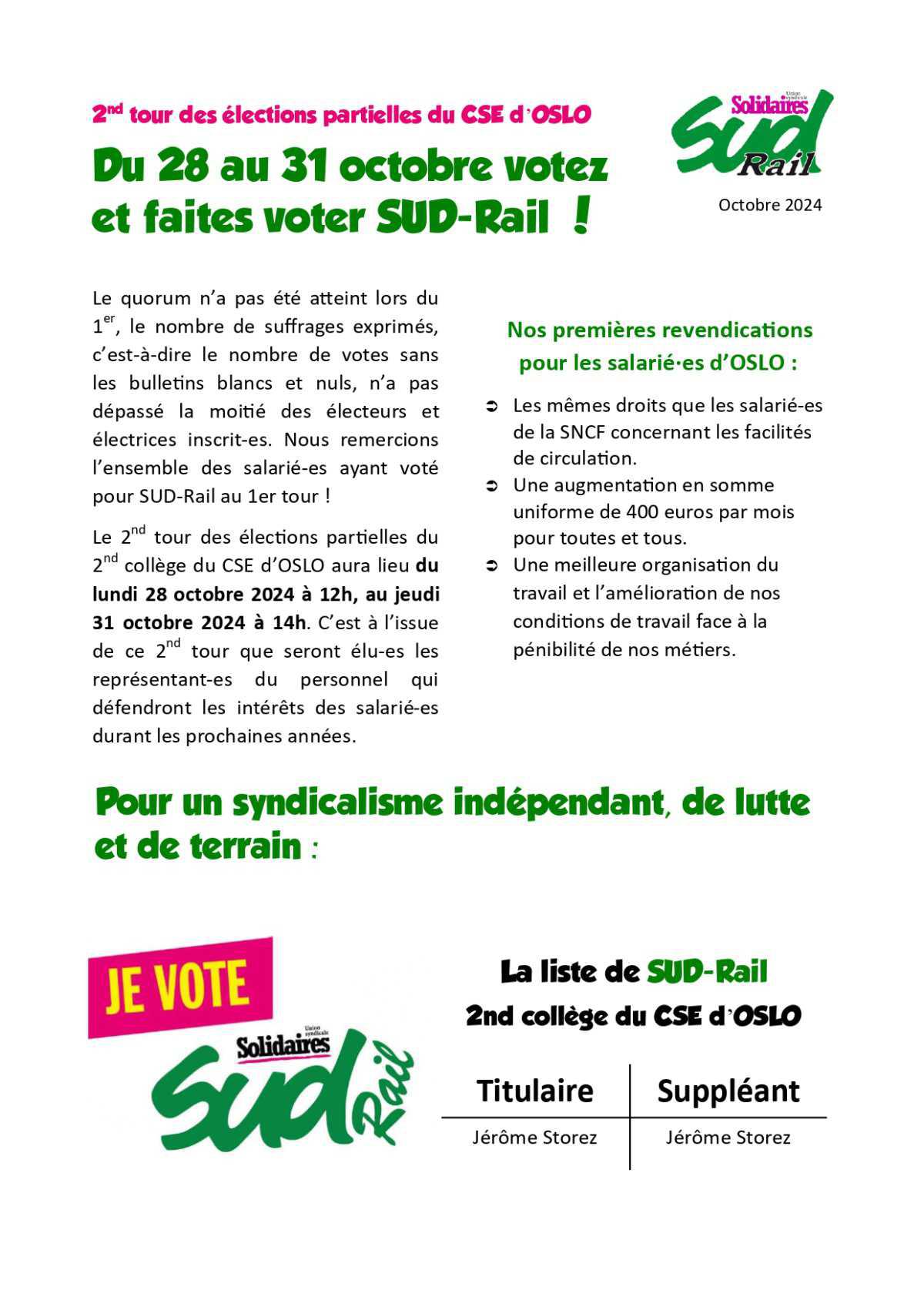 SUD-Rail // Tract second tour des élections CSE à OSLO