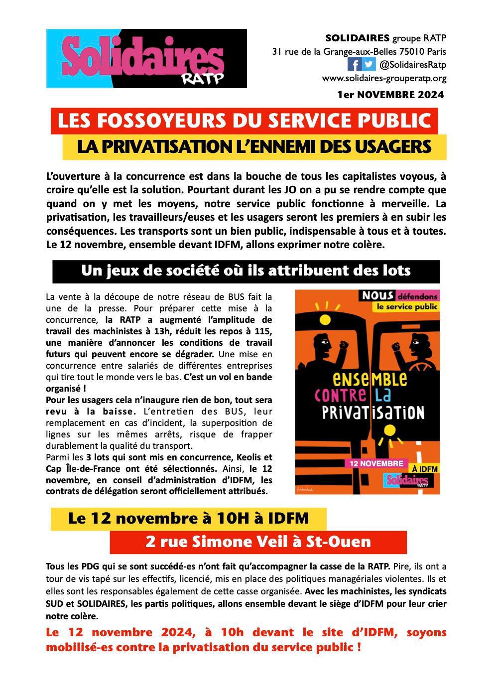 Solidaires RATP // Les fossoyeurs du service public : rassemblement le 12/11 à St-Ouen